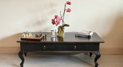 Hand-Restored Two Tone Satin Black Solid Wood Coffee Table