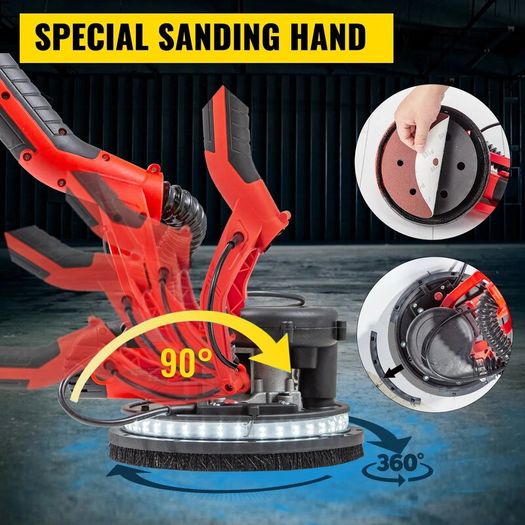 Electric Drywall Sander 750W Foldable Sheetrock Sander, with Telescope Handle, Electric Sander, Variable Speed 800-1750 RPM, Wall Sander, with LED Strip Light and Vacuum Bag