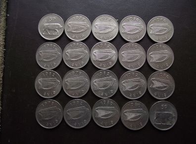 20 Irish 5 pence coins (1976-1986). Nice Condition!
