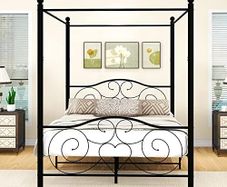 5ft King Canopy Bed Frame Platform, 150x200cm Kingsize Bed Frame with Vintage Headboard and Footboard, Heavy Duty Steel Slats and Support with Mattress Foundation,Black