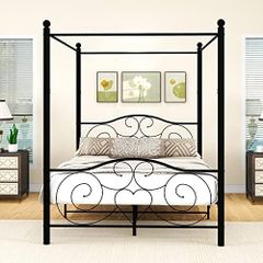 5ft King Canopy Bed Frame Platform, 150x200cm Kingsize Bed Frame with Vintage Headboard and Footboard, Heavy Duty Steel Slats and Support with Mattress Foundation,Black