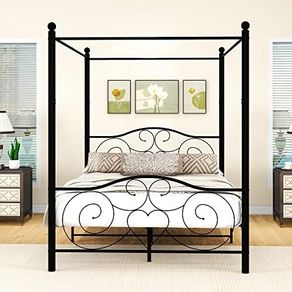 5ft King Canopy Bed Frame Platform, 150x200cm Kingsize Bed Frame with Vintage Headboard and Footboard, Heavy Duty Steel Slats and Support with Mattress Foundation,Black