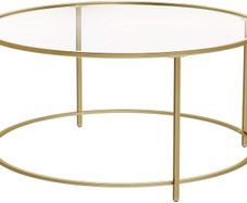 _Coffee table, side table round, glass table with metal frame, tempered glass, bedside table, sofa table, for balcony, golden