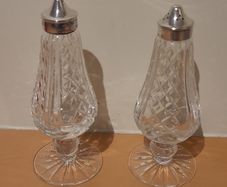 Vintage Lismore Waterford Crystal salt and pepper set. Silver tops