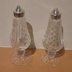 Vintage Lismore Waterford Crystal salt and pepper set. Silver tops