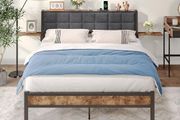 King Size Bed Frame with Storage Headboard,Kingsize Bed Frame Upholstered with Charge Station &amp; Ergonomic Headboard,Removable Bedside Shelf,Easy Assemly,Heavy Duty Metal Slats,Black + Grey