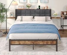 King Size Bed Frame with Storage Headboard,Kingsize Bed Frame Upholstered with Charge Station & Ergonomic Headboard,Removable Bedside Shelf,Easy Assemly,Heavy Duty Metal Slats,Black + Grey