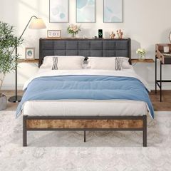 King Size Bed Frame with Storage Headboard,Kingsize Bed Frame Upholstered with Charge Station & Ergonomic Headboard,Removable Bedside Shelf,Easy Assemly,Heavy Duty Metal Slats,Black + Grey