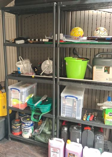 Two 5 Tier plastic shelving units, black plastic