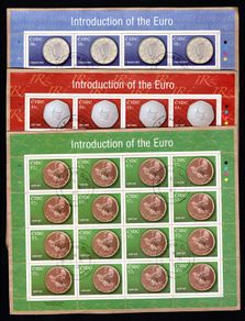 2002 Ireland Introduction of the Euro Currently Commemorative Stamp Sheetlets Plate 1A1A1A1A Fine Used with Dublin CDS cancel of 17th September 2002 (First day of issued) on envelope extract.