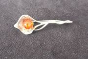 AP Sterling Silver 925 Amber Set Foliate Pin or Brooch 2 Inch Length