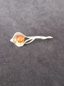 AP Sterling Silver 925 Amber Set Foliate Pin or Brooch 2 Inch Length