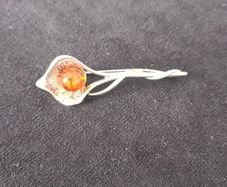 AP Sterling Silver 925 Amber Set Foliate Pin or Brooch 2 Inch Length