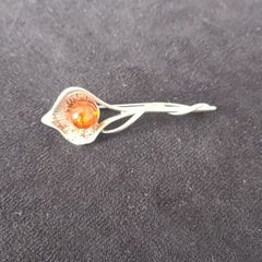 AP Sterling Silver 925 Amber Set Foliate Pin or Brooch 2 Inch Length