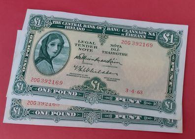 Irish 1963  2 X consecutive pound banknotes in almost uncirculated condition