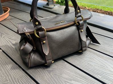 Miu Miu Vitello Lux Bow Bag Dark Brown Leather Gold Hardware