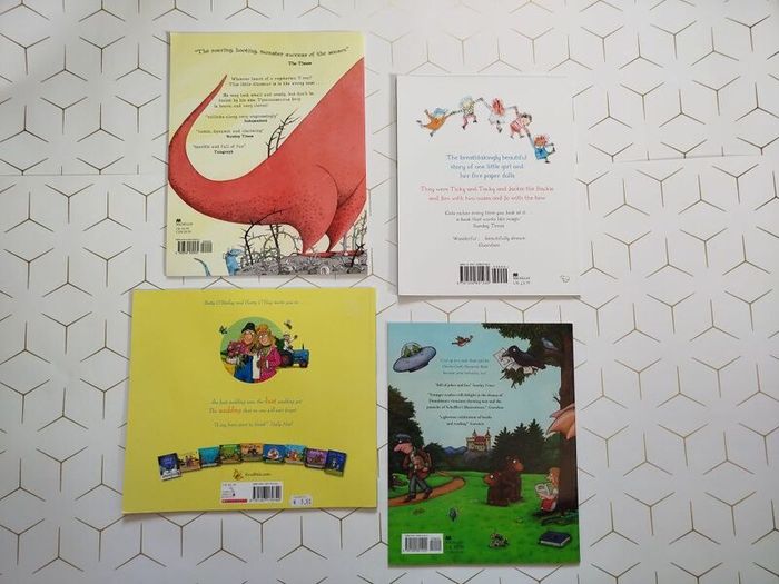 Julia Donaldson books: Paper dolls, the scarecrows wedding, Charlie Cook's favourite book, Tyrannosaurus drip
