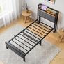 Single Bed Frames with Storage Headboard and Charging Station/LED Lights,Heavy Duty Metal Bed Frame Single No Box Spring Needed,Solid Bedstead Base/Strong Steel Slats Support/Grey Image 4