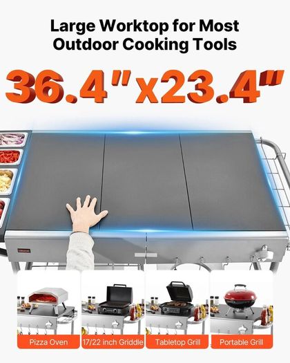 Outdoor Grill Cart Grilling Table Movable Outdoor Cooking Table with 4 Spice Containers, Wheels, Lids, Hooks