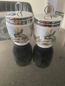 Royal Worcester pair of egg coddlers with birds