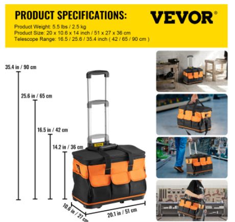 20in Rolling Tool Bag Portable Electrican Repair 17 Pockets Wheeled Folding Large Thick Waterproof Storage Organizer Tote