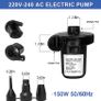 Electric Air Pump, portable quick fill AC Inflator Deflator with 3 Nozzles 220V AC/150W 50/60Hz Quick Fill Electric Pump for Inflatable Air Mattress Pump Air Bed Pool Toy Raft Boat (FREE SHIPPING) Image 5