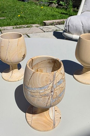 Vintage Teakwood Sandstone Goblets Set of 5 Hand-Carved Stone Wine Cups