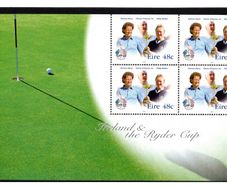 2005 Ireland Ireland and The Ryder Cup Commemorative Stamp Booklet Pane featuring Eamonn Darcy, Christy O'Connor Jnr, & Philip Walton Mint Never Hinged (MNH). Hibernian HP159