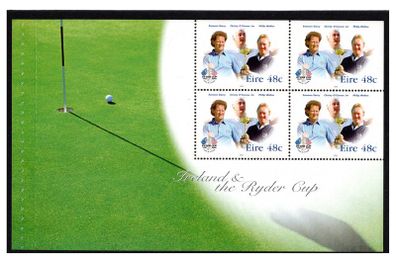 2005 Ireland Ireland and The Ryder Cup Commemorative Stamp Booklet Pane featuring Eamonn Darcy, Christy O'Connor Jnr, & Philip Walton Mint Never Hinged (MNH). Hibernian HP159