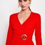 NWT Karen Millen Bright Poppy Red Strong Shoulder Eyelet Ponte Dress Image 2