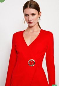NWT Karen Millen Bright Poppy Red Strong Shoulder Eyelet Ponte Dress
