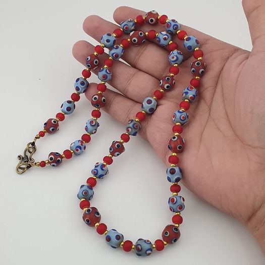 Antique Venetian Style Blue Skunk Eyes & Red Venetian WhiteHeart Glass Beads Necklace
