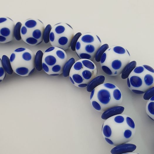 Antique Venetian Style White Blue Dotted Glass Beads Necklace