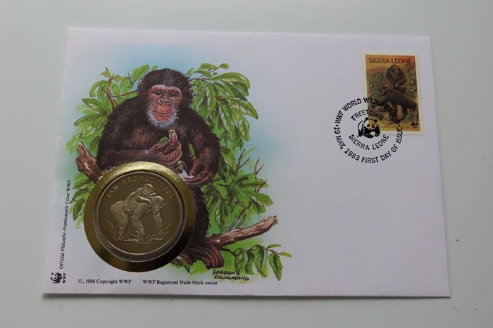 Chimpanzee Sierra Leone 1983 WWF coin stamp cover Pan Troglodytes