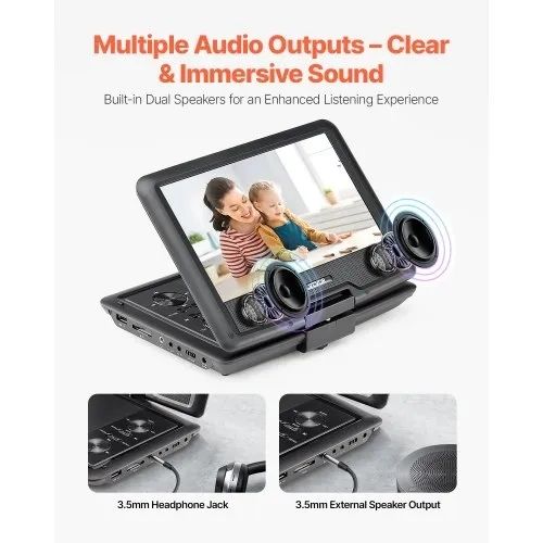 10.1 inch HD Swivel Display Screen, 4 Hours Built-in Rechargeable Battery, Dual Speakers, Support Sync TV/USB/SD Card/CD/DVD, Car Charger, AC Power Adapter, Remote Control