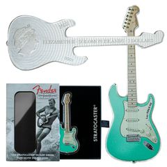 FENDER Stratocaster Guitar 1 Oz Silver Coin 2 Dollars Solomon Islands 2022