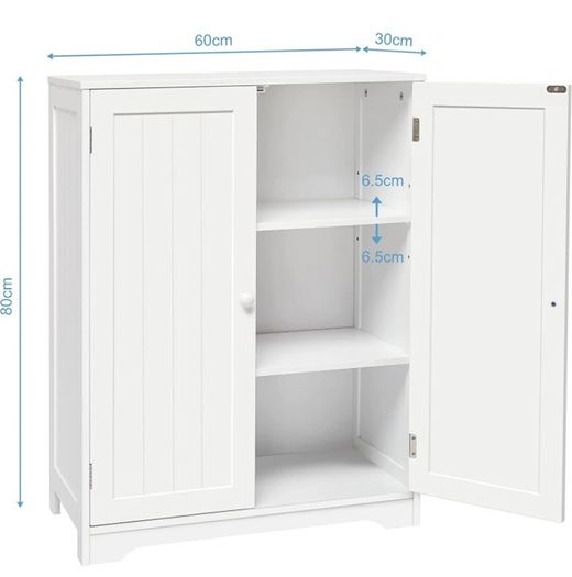 Bathroom Storage Cabinet Sideboard White 60x30x80 cm Free Standing MDF Painted 180 Degree Open 2 Doors 3 Shelves (FREE POSTAGE)