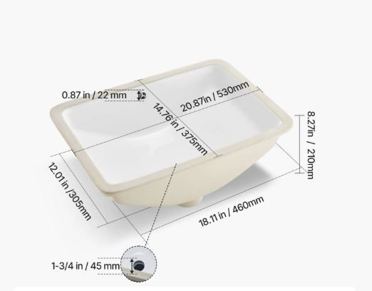 Undermount Bathroom Sink, 530 x 375 mm Rectangular White Ceramic Vessel Sink with Overflow Hole, Under Counter Drop in Modern Lavatory Vanity Bath Wash Bowl Basin, Rectangle for Small Space