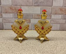 Vintage Jewelled Filigree Perfume Bottle Set Ornate Gold Tone & Red Stones With Original Amber Scent