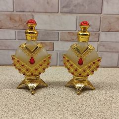 Vintage Jewelled Filigree Perfume Bottle Set Ornate Gold Tone & Red Stones With Original Amber Scent