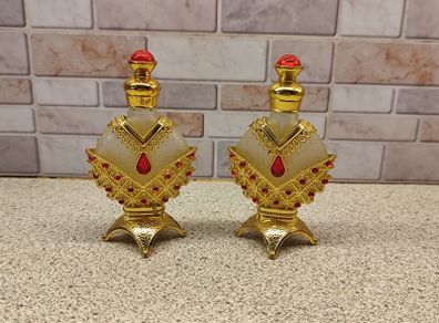 Vintage Jewelled Filigree Perfume Bottle Set Ornate Gold Tone & Red Stones With Original Amber Scent