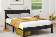 Double Bed Frame with Wooden Storage Shelf Headboard, Metal Platform Bed Frame Double Bed, No Box Spring Needed, Enhanced Support, Black