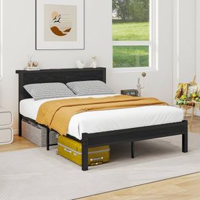 Double Bed Frame with Wooden Storage Shelf Headboard, Metal Platform Bed Frame Double Bed, No Box Spring Needed, Enhanced Support, Black