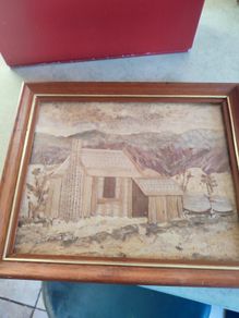 Framed Vintage  Straw and Nature Artwork (New Zealand Artist T Rogers) "Banks Peninsula" Made from Natural Objects, Textile Art, Man Cave.