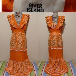 RIVER ISLAND Orange floral frill detail beach maxi dress,  NEW WITH TAGS