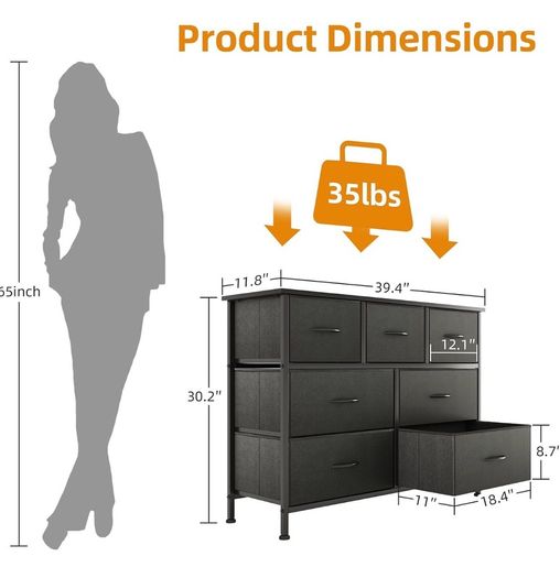 Chest of Drawers for Bedroom with 7 Drawers, Fabric Storage Drawer, Tall Black Hallway Storage Unit