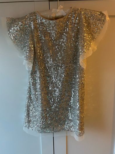 Silver sequin Next dress with flutter sleeves age 4
