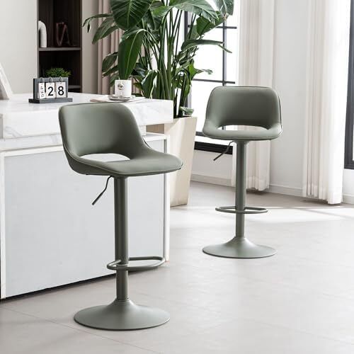 Bar Stool Set of 2 Modern Swivel, Adjustable Counter Height with Faux Leather Upholstered Hollow Back for Kitchen Island, Olive Green