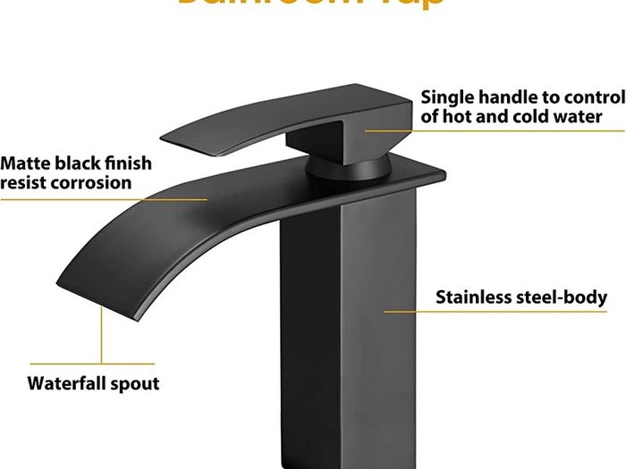 Waterfall Spout Bathroom Sink Mixer Taps,Single Handle Basin Mixer Tap, Rv Lavatory Vessel Faucet,Stainless Steel,Matte Black (FREE POSTAGE)