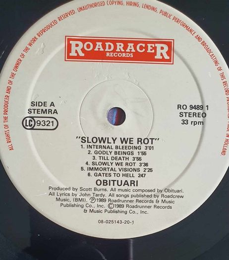 Obituary Slowly We Rot. Original Roadracer Records 1989 Pressing  LP Super Rare Death Metal